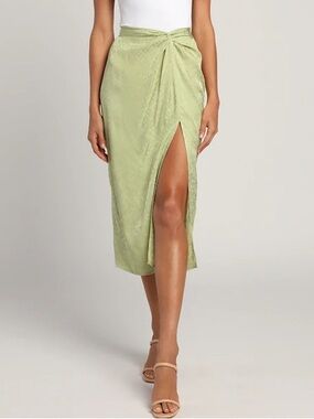 Lulu's Sage Green Satin Knot Midi Skirt with Side Slit